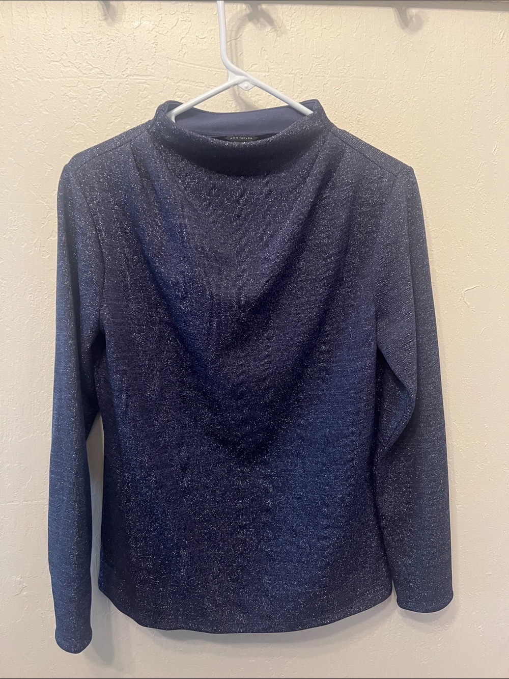 Ann Taylor Navy Sparkle Mock Neck Long-Sleeve Top